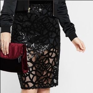 Black lace and sequin pencil skirt